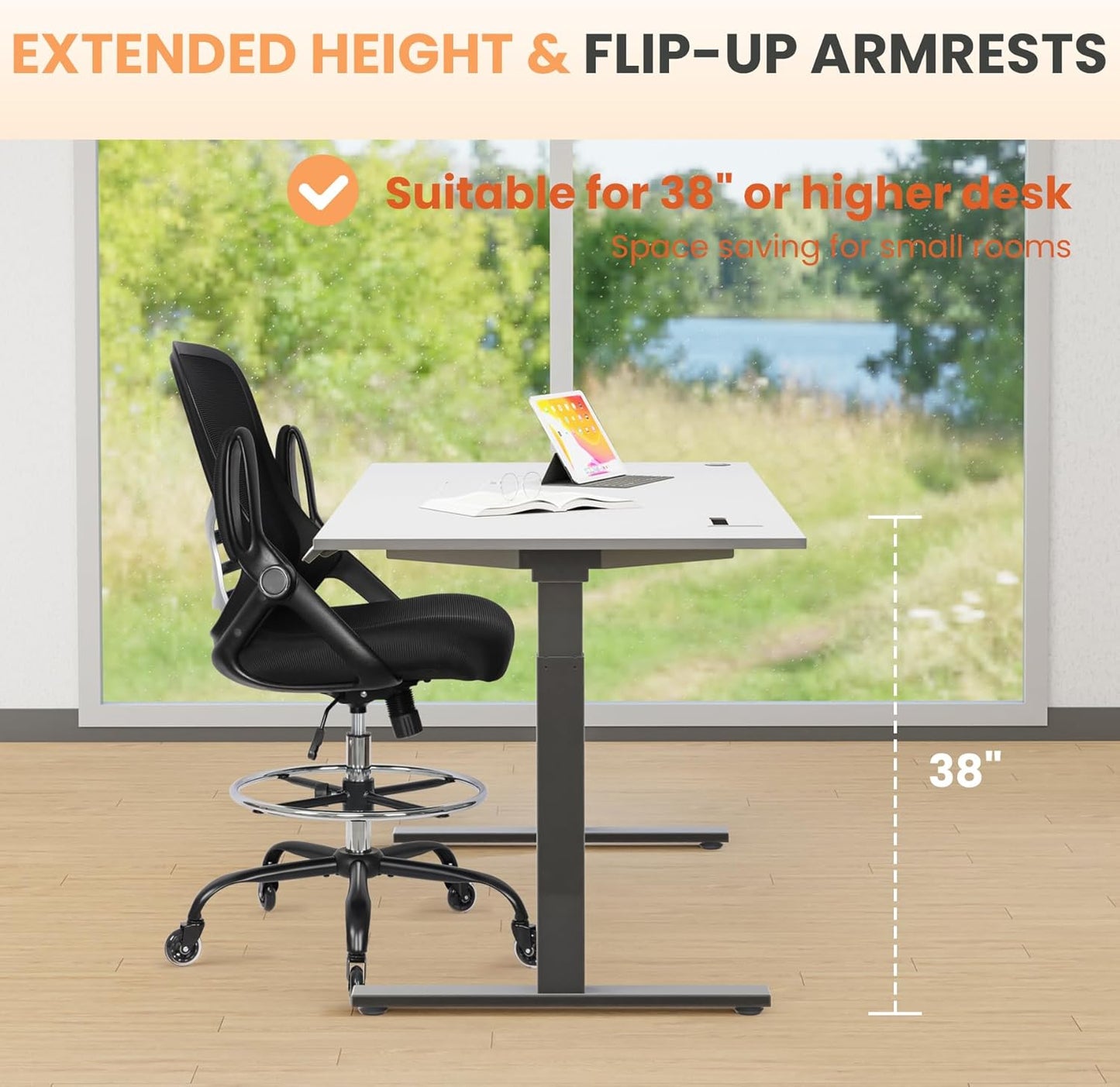 HYLONE Drafting Chair Tall Office Chair, High Ergonomic Standing Desk Computer Stools with Rubber Wheels, Flip-up Armrests, Adjustable Height and