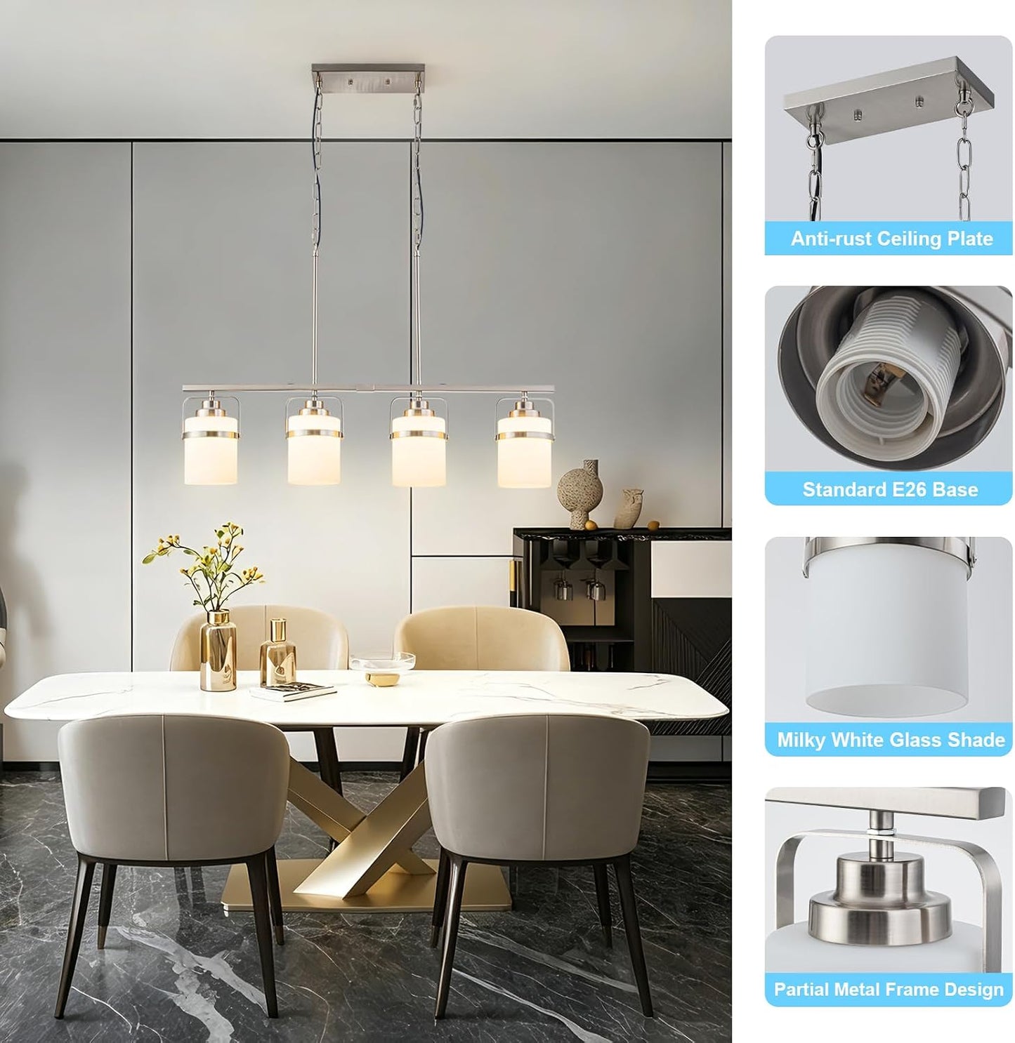 4 Light Kitchen Island Lighting, Brushed Nickel Dining Room Light Fixture with Milk Glass Shade, Adjustable Height Modern Chandelier Pendant Light for Dining Table Living Room Brushed Nickel, Milk Glass 4-Lights