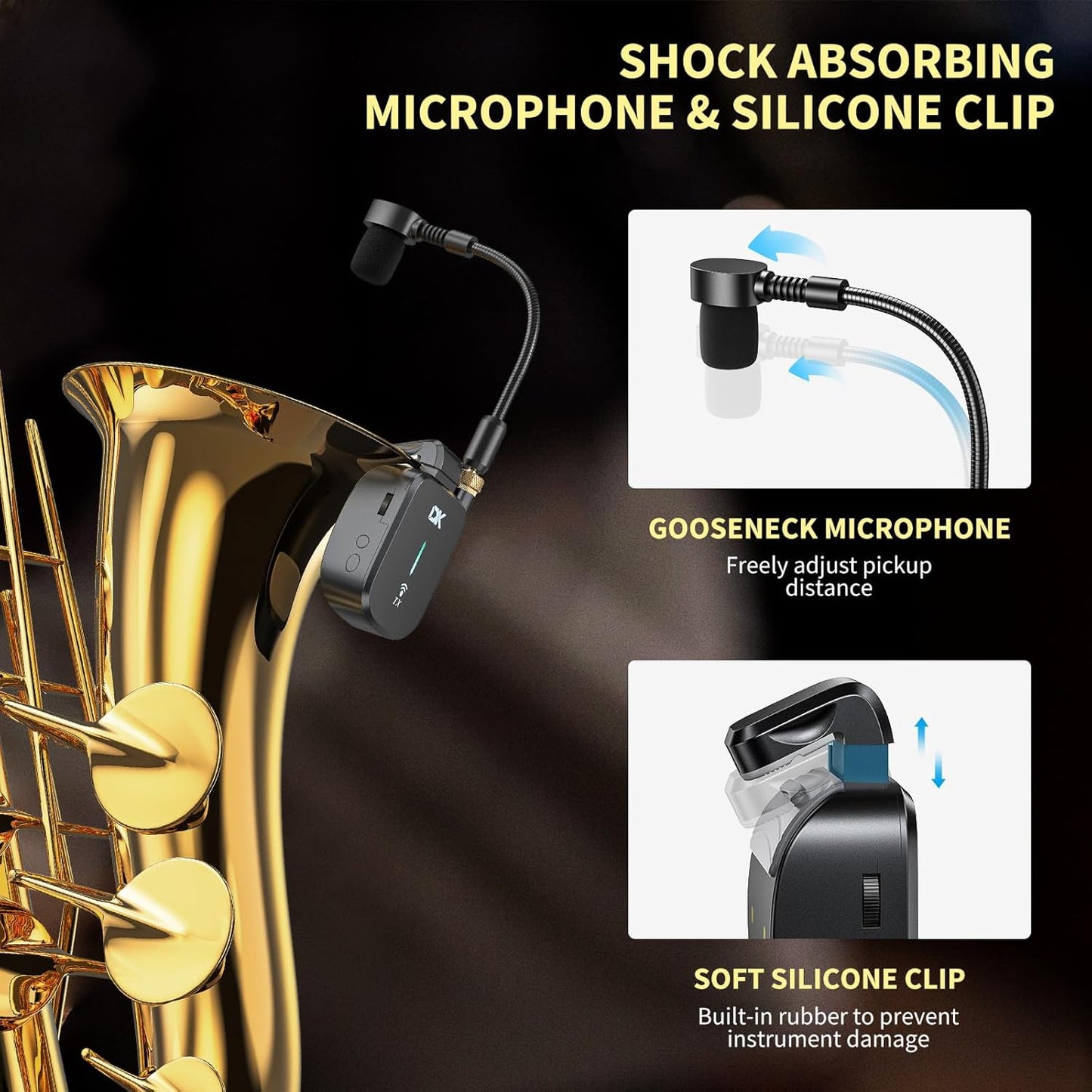 UHF Wireless Saxophone System, Clip-On Multifunctional Instruments Microphone with Charging Case, Three Sax Dedicated Modes, 131 Feet Transmission,