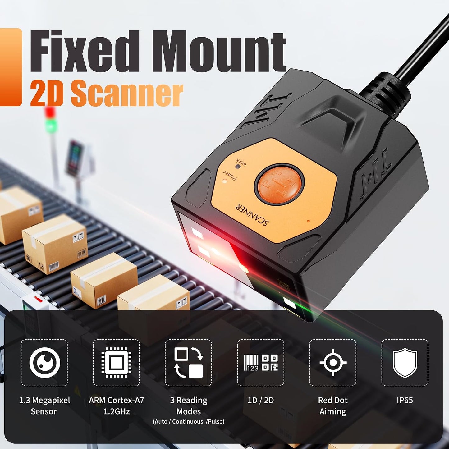 NETUM NT-480 Fixed Mount 2D Barcode Scanner, Auto-Sensing Embedded -USB | Industrial 1D/2D QR barcode scanner for kiosks, conveyors, POS, manufacturing and self-service systems. USB Cable