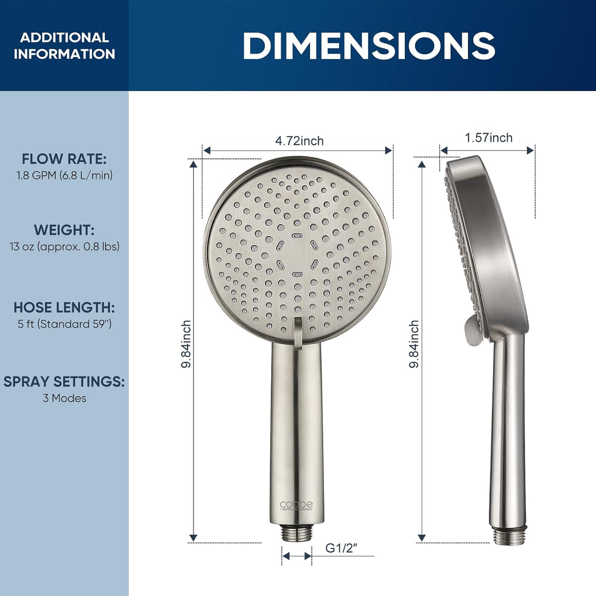 Cobbe® All Metal Handheld Shower Head, 3 Spray Settings, 1.8GPM