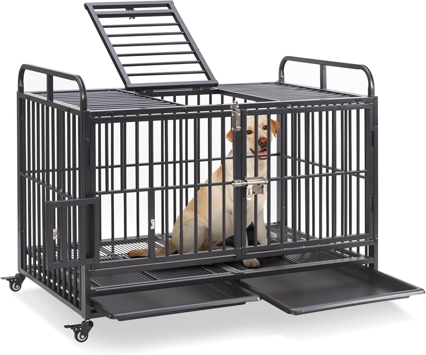 Lauren&Harold 48 Inch Heavy Duty Dog Crate Furniture for Large Medium Dogs, Indestructible Dog Kennel Indoor with Wheels&Removable Tray, Escape-Proof