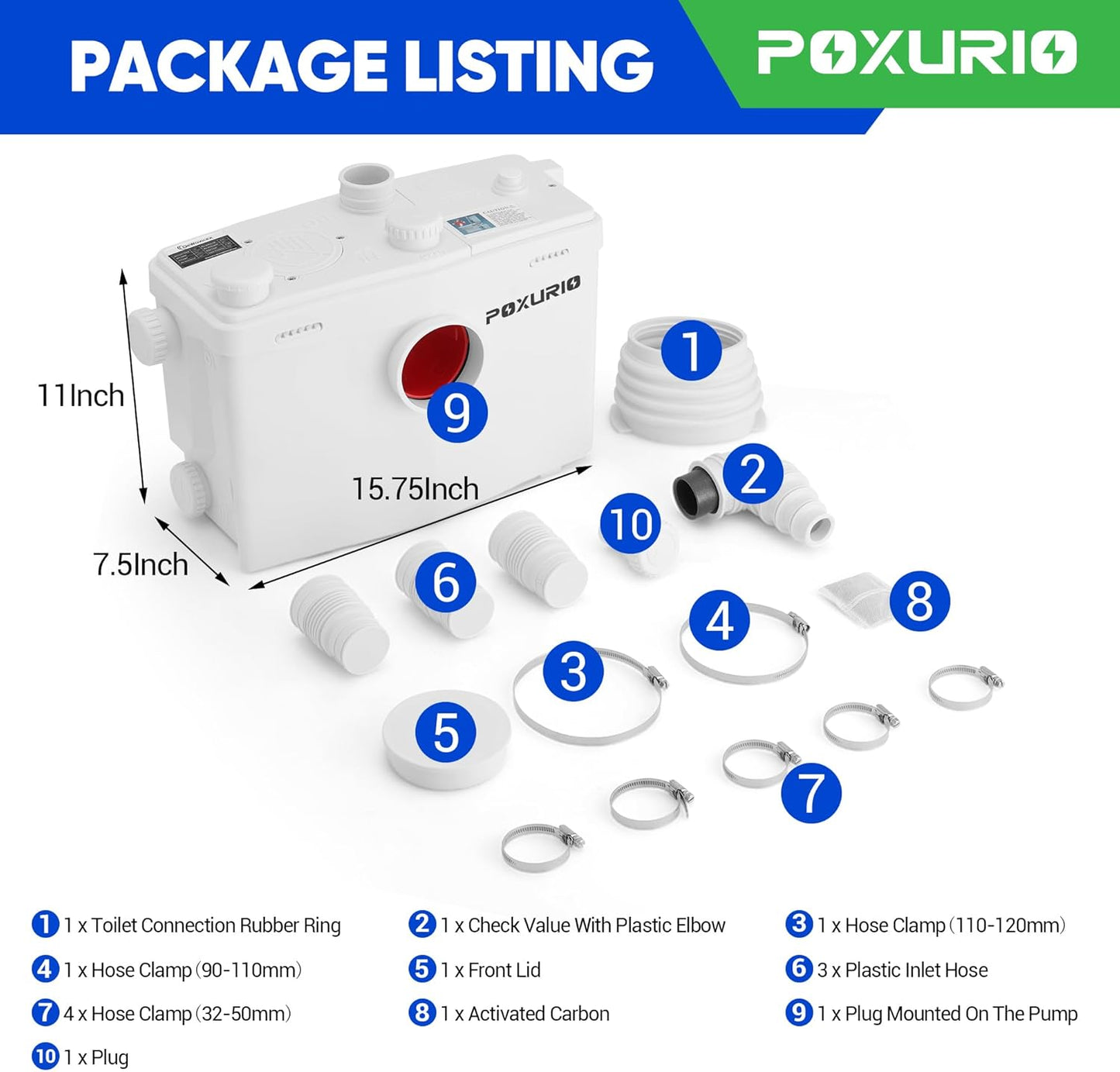 POXURIO 800W Macerator Pump for Macecrating Toilet, Upgraded 2 Outlets/4 Inlets Sewerage Sump Pump for Basemnet Toilet Disposal, Laundry, Sink, Shower