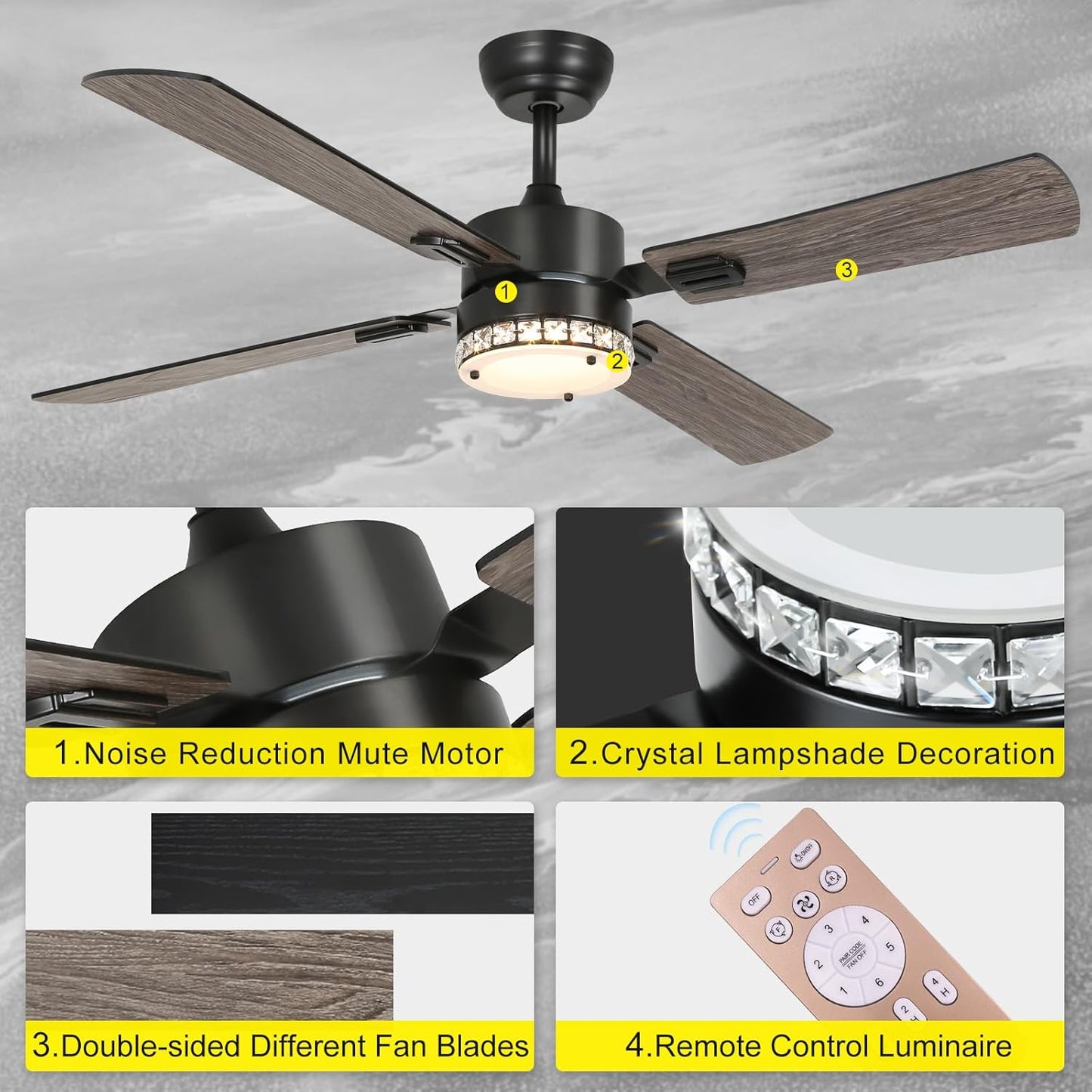 Xermei Ceiling Fan with Lights Remote Control,52 inch Crystal Lampshade Ceiling Fan,Low Profile Modern Ceiling Fan with Light,Noiseless Reversible DC