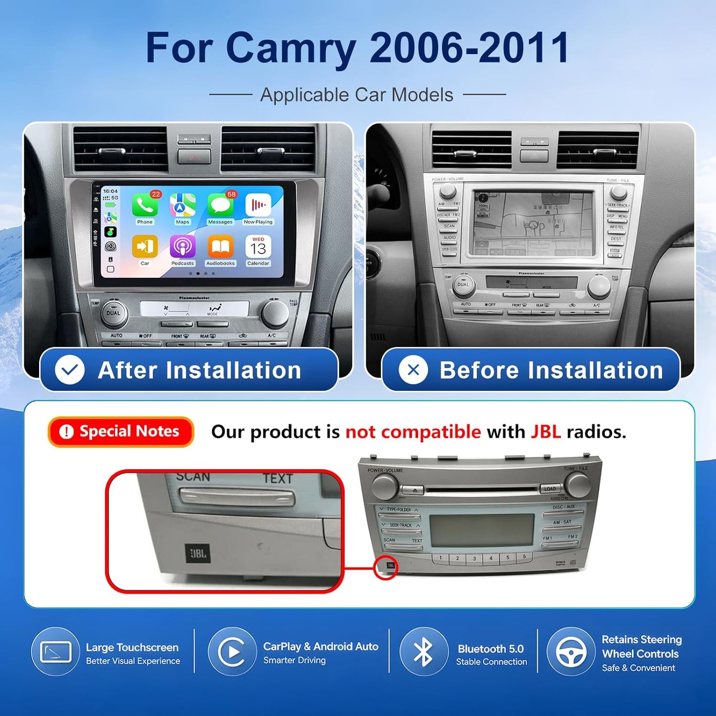 5G-WiFi6 (4Core 64G ROM) Car Radio Stereo for Toyota Camry 2006-2011,9 inch Touch Screen Head Unit with Wireless Carplay Android Auto GPS Bluetooth SWC FM 1080P Backup Camera (2Ram 64Rom)