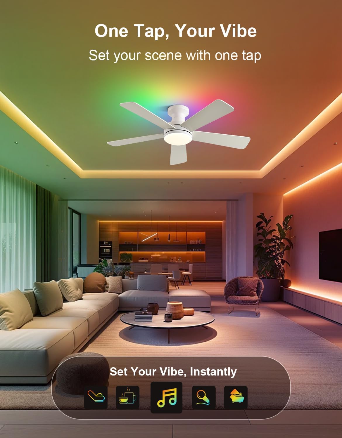 42" RGB Ceiling Fan with Light, App & Remote Controlled Flush Mount Ceiling Fan, Music Sync Lighting, 6-Speed Quiet Reversible DC Motor, 4CCT Dimmable for Bedroom Living Room, White White RGB APP