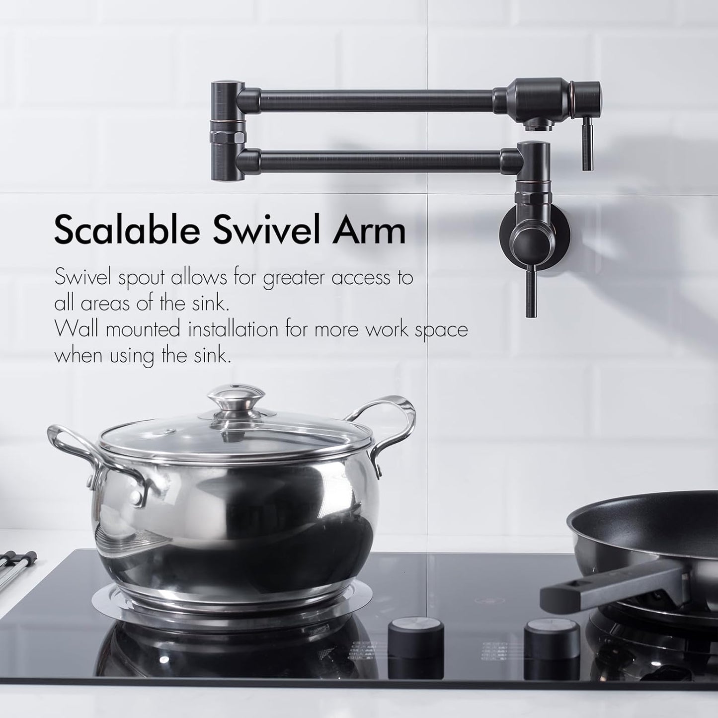 Oil Rubbed Bronze Pot Filler Faucet, Traditional Double Handle, Wall Mounted with Brass Spout Swivel
