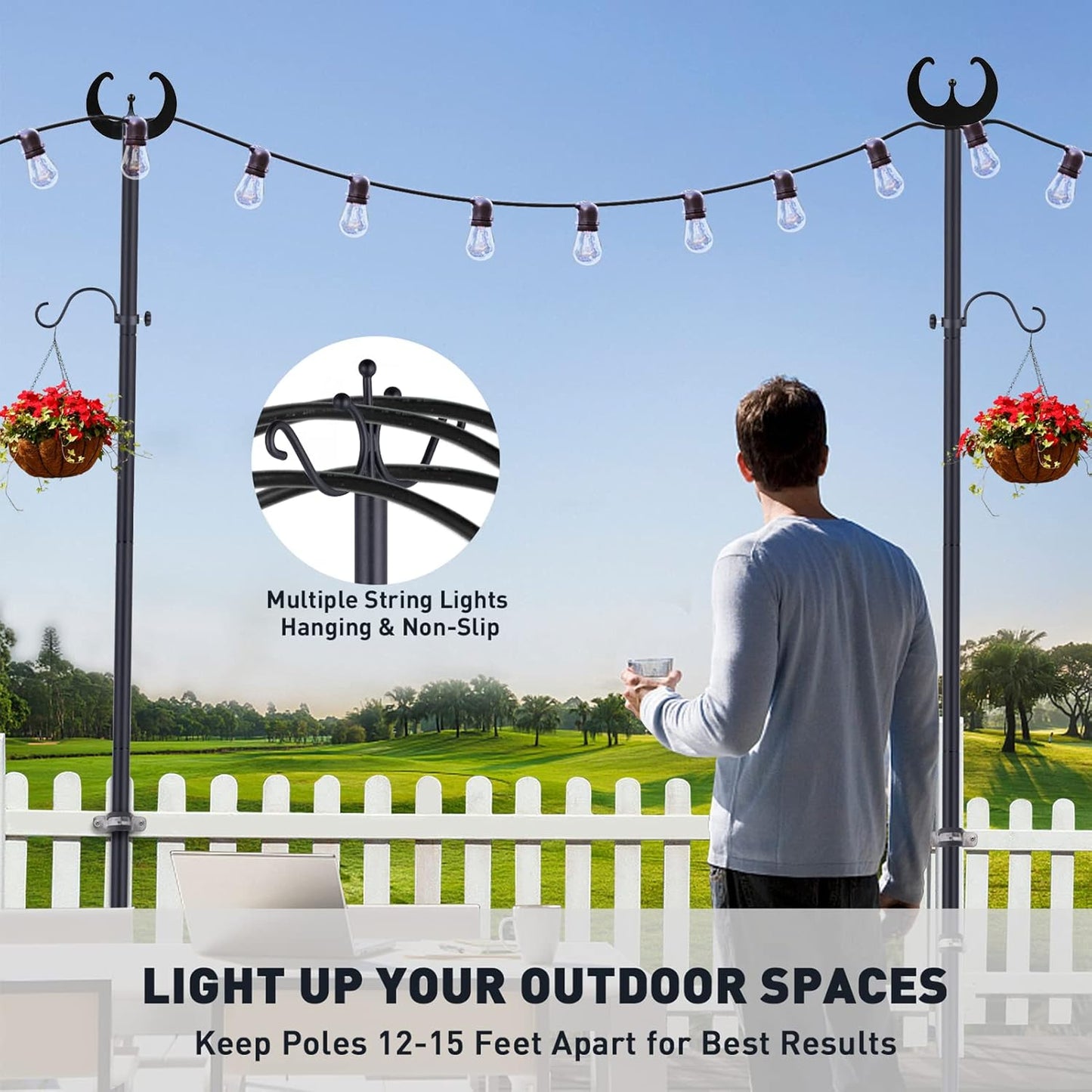 Patio String Lights Poles for Outdoor - Outside 2 Pack Bistro Light Poles Black 9FT Metal Light Stand with Hooks  Wire Rope Backyard String Light