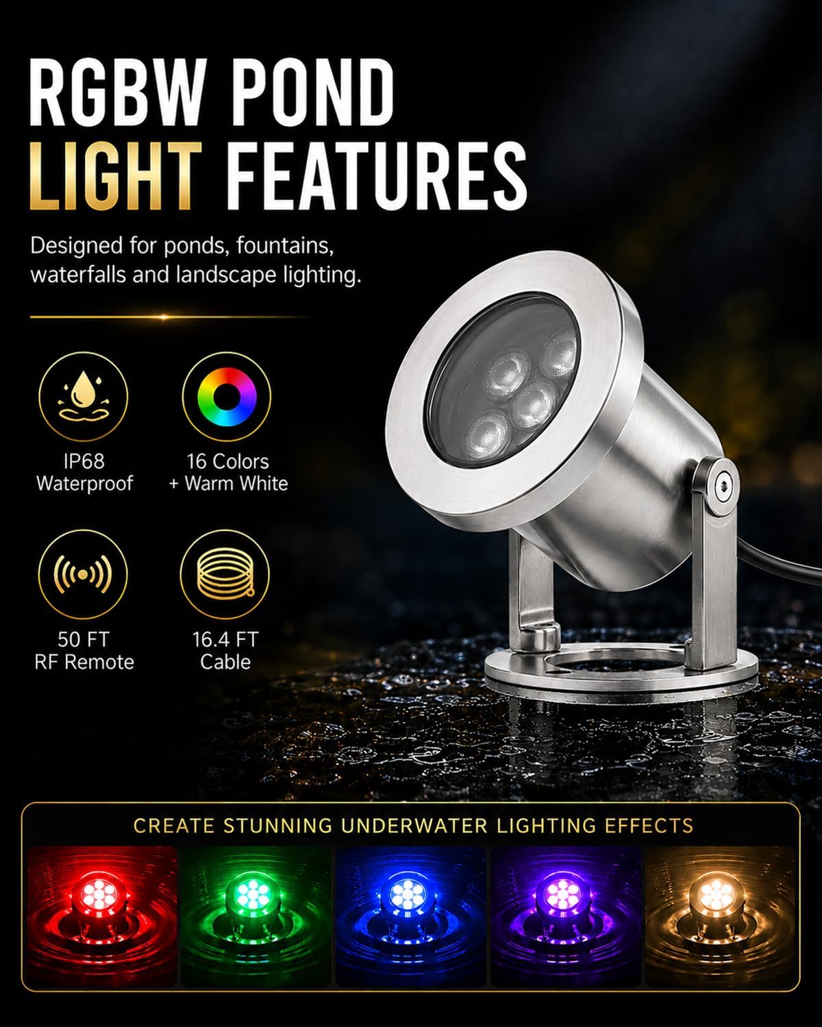 LED Pond Lights with Dual Remote Control, 6W SS316 Black RGB Underwater Fountain Light, IP68 Waterproof Submersible LED Lights for Pond Waterfall, Koi Fish Pond (2 Pack)