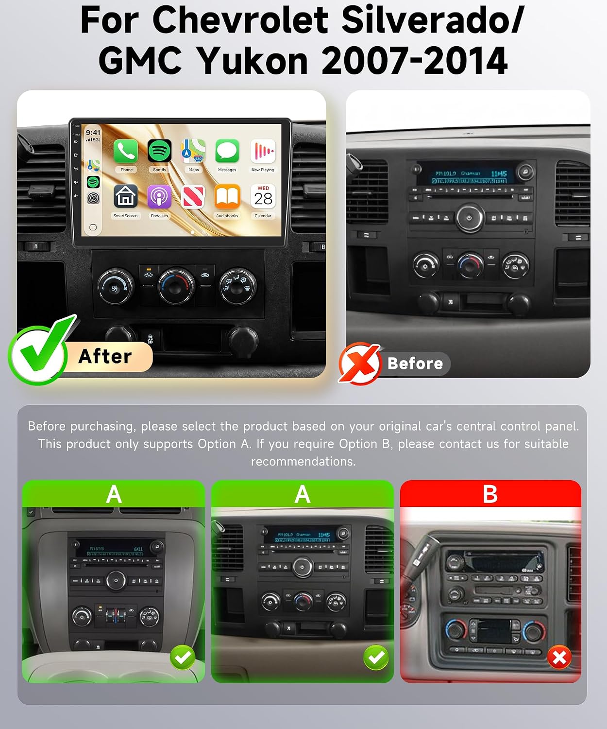 Car Stereo for Chevrolet Silverado/GMC Yukon 2007-2014 with Wireless CarPlay Android Auto, 4G+64G 10” Touchscreen Car Radio Mirror Link GPS WiFi Bluetooth FM RDS EQ SWC