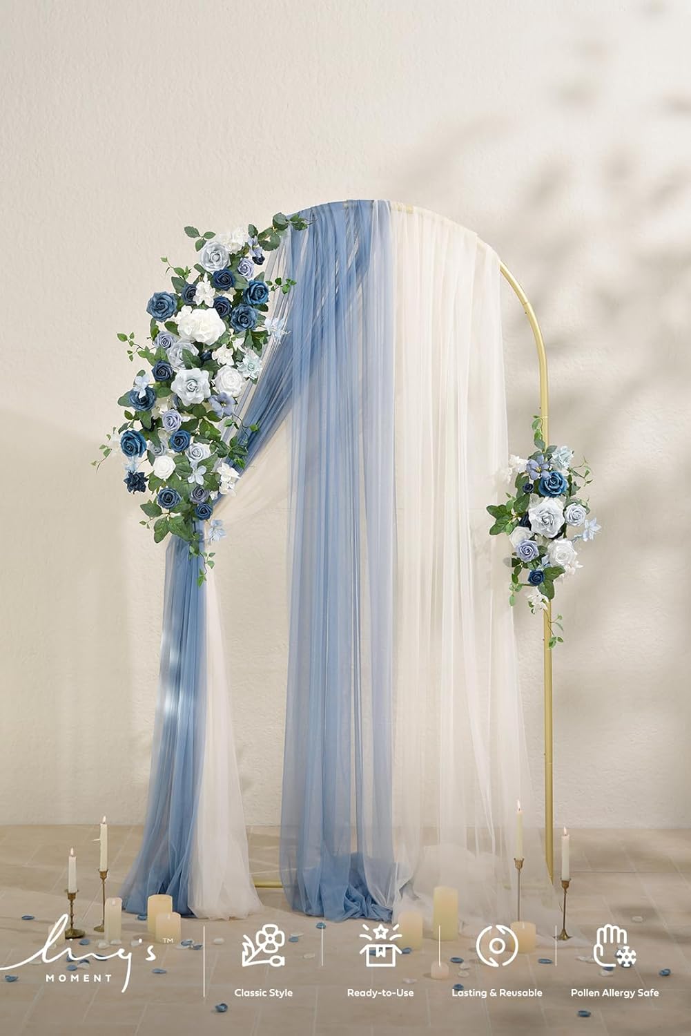 Ling's Moments Wedding Arch w/ Flowers, 7.2ft & 6ft Set of 2 Metal Arches (Dusty Blue, Navy)