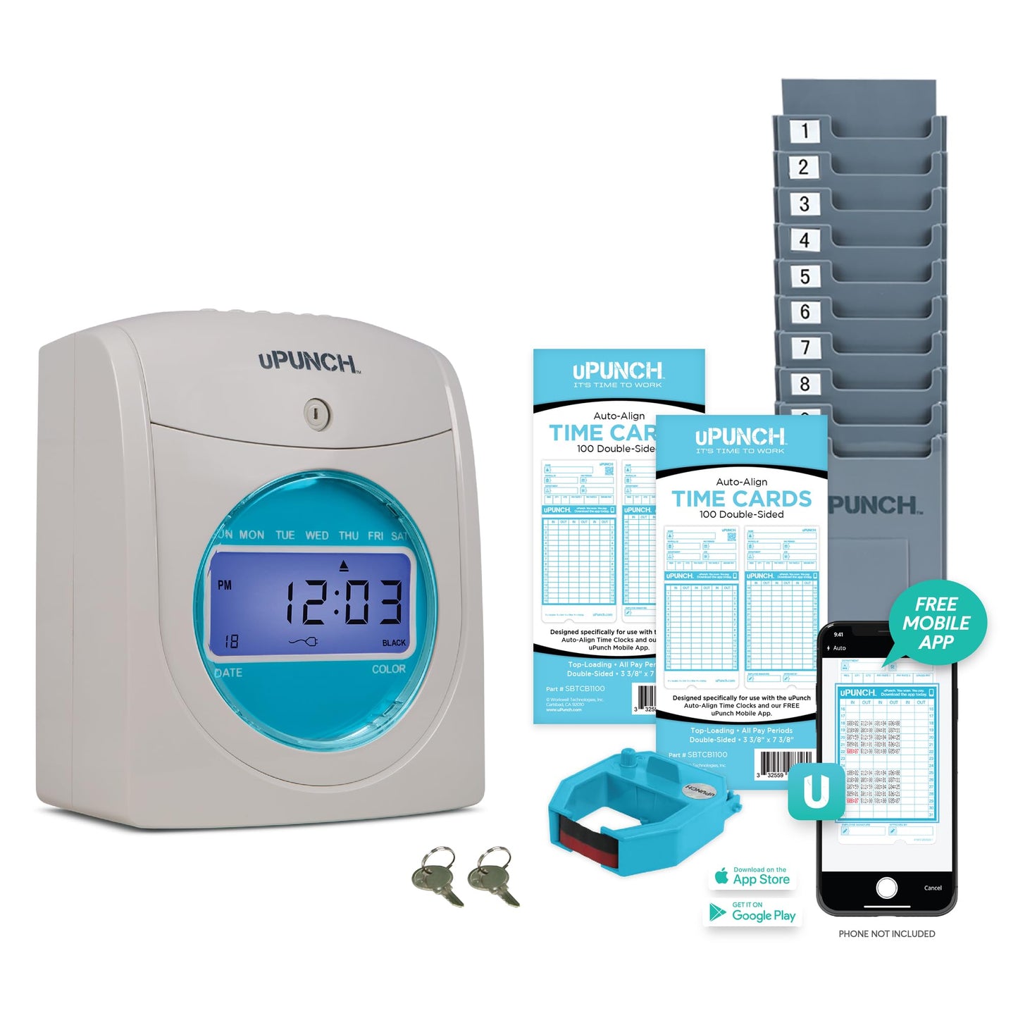 Smart Time Clock System for Small Business: Auto Align Punch Clock with Free Mobile App for Digital Time Card Management and Payroll, uPunch SB1200