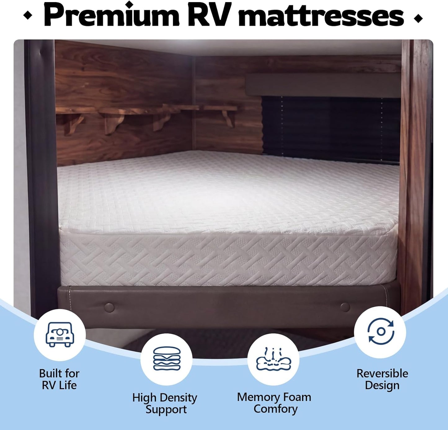 RV Corner Bunk Mattress, 4" Thick Memory Foam, Reversible Dual Comfort Design, Breathable Removable Cover, 51" W x 74" L with 22" Diagonal Corner Cut, for Campers & Trailers
