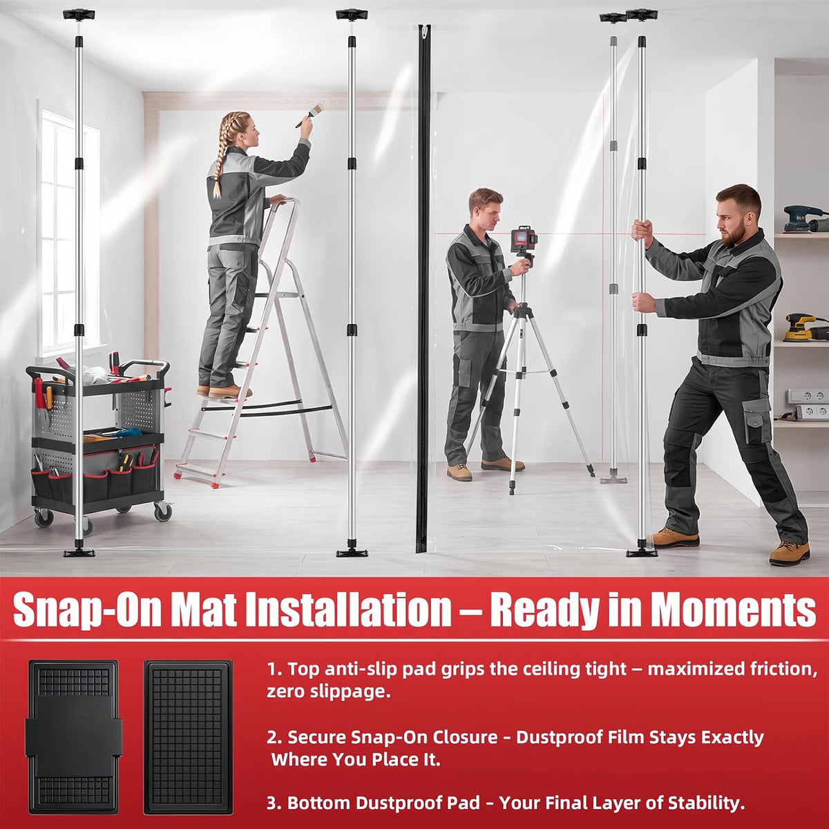 12FT Spring Dust Barrier Poles Kit, Retractable Zip Wall Pole Kit