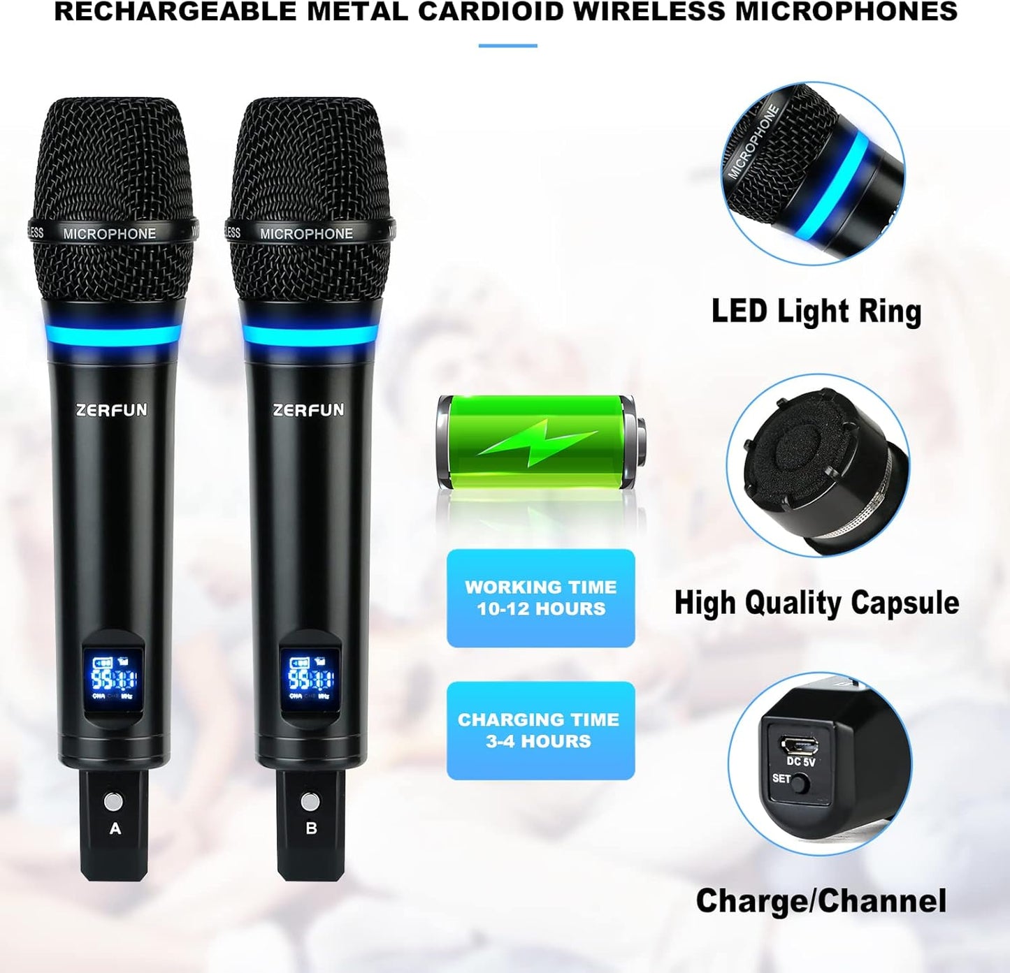 ZERFUN G8 Rechargeable Wireless Microphone System 4 Channel, UHF Metal Karaoke Cordless Mics Professional Handheld for Singing Church, VOL Control,