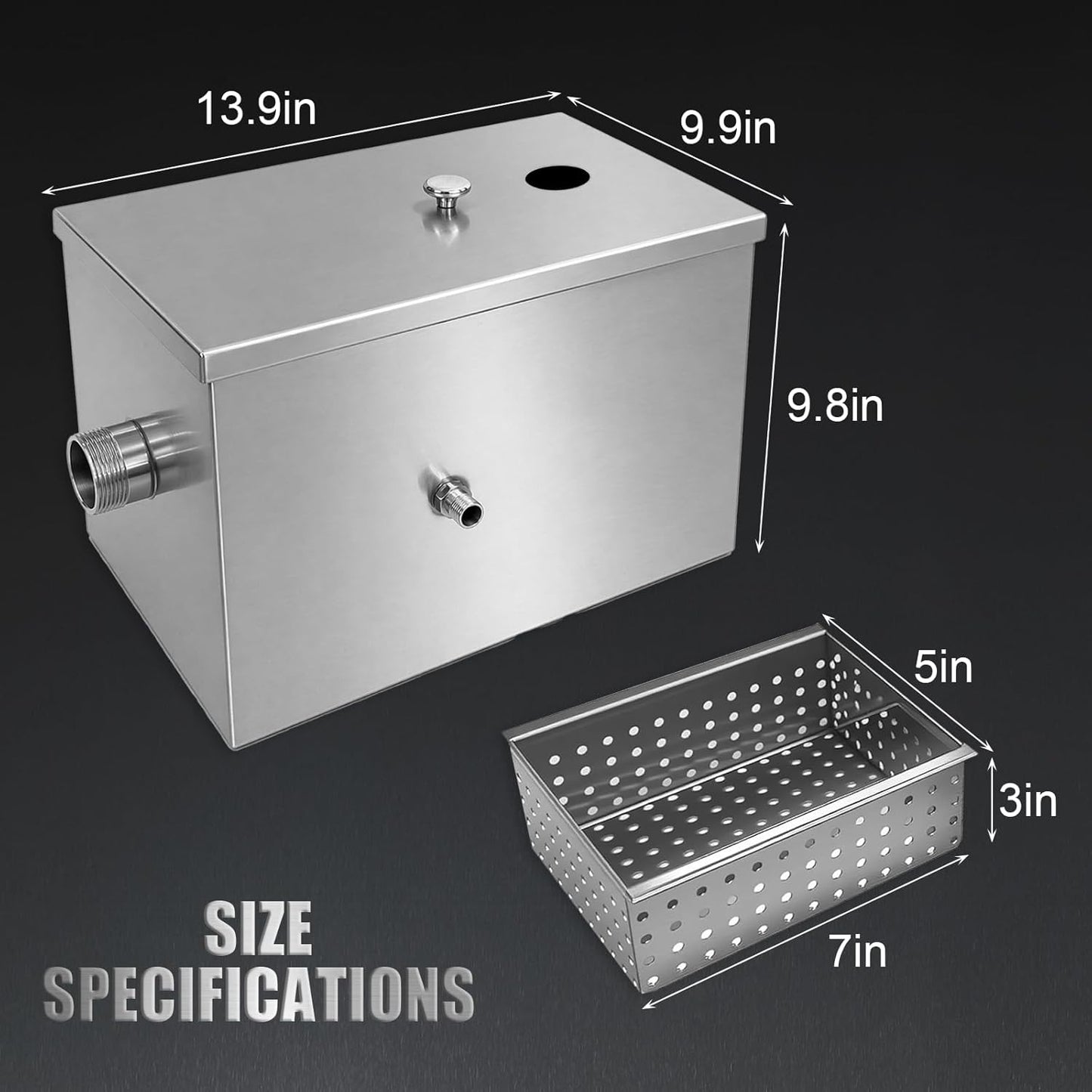 Commercial Grease Trap 8lbs Stainless Steel Interceptor | Side Inlet Heavy Duty Grease Interceptor for Restaurant, Kitchen, Cafe, Canteen, Factory