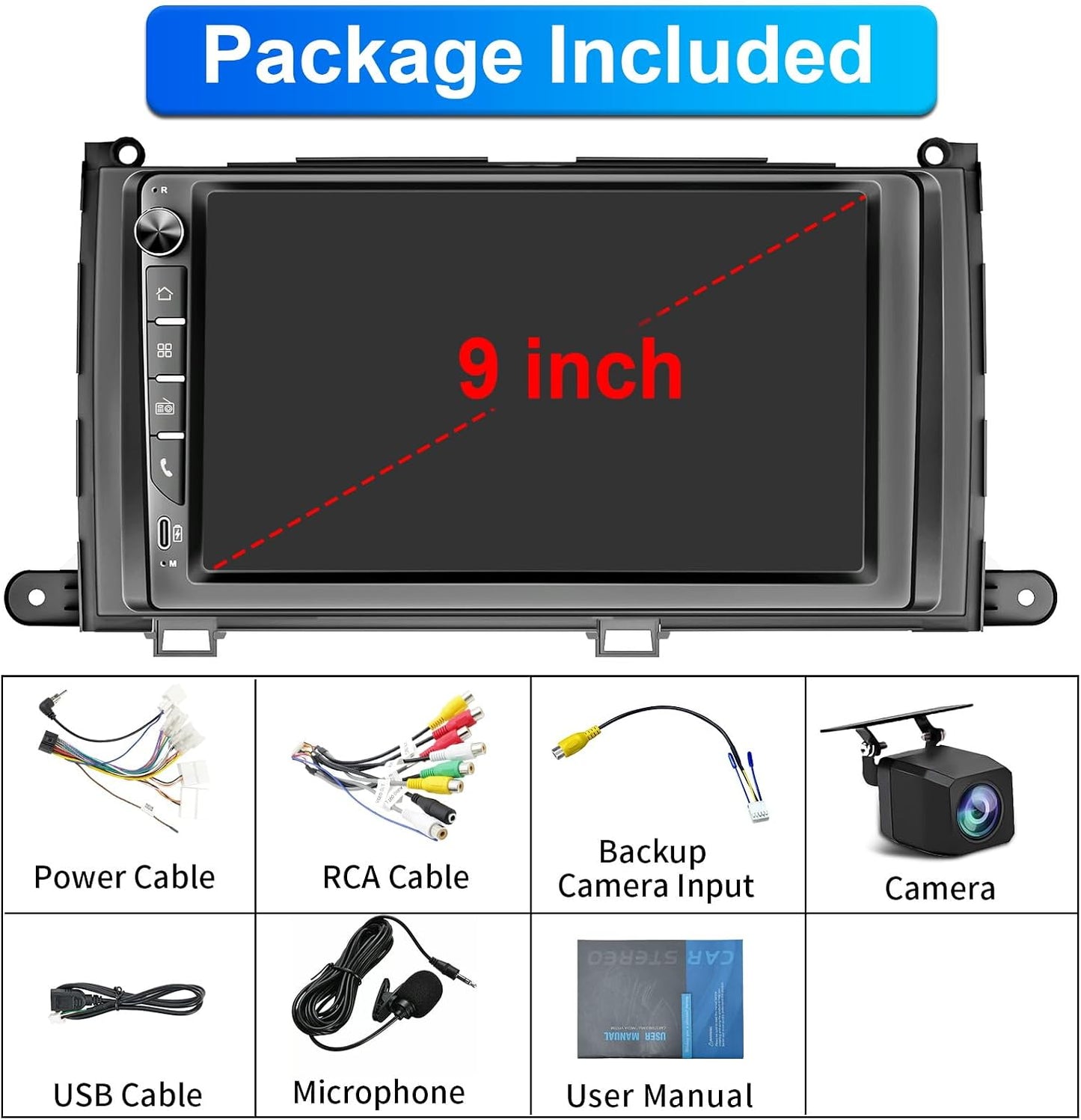 Plug&Play Car Radio Stereo for Toyota Sienna 2011 2012 2013 2014, 9" IPS Touch Screen Head Unit for Sienna Radio with Carplay, Android Auto&Mirror Link/BT,GPS/SWC，MIC ，Backup Camera,AM/FM