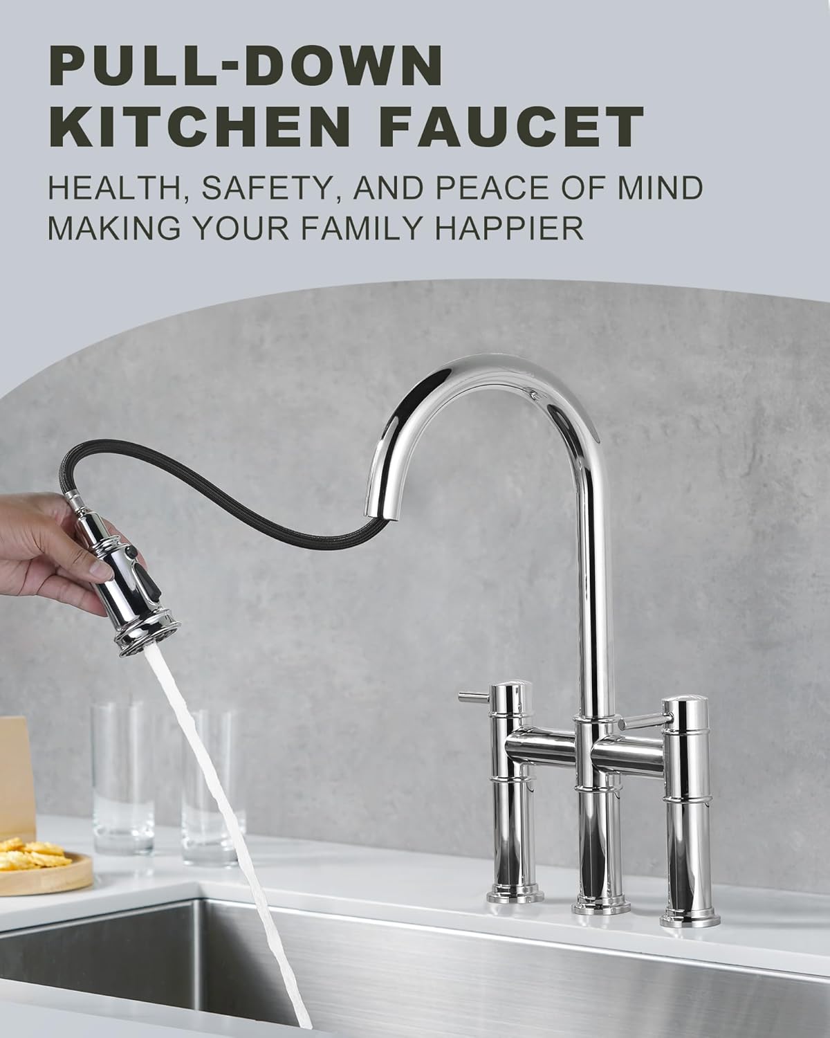 Bridge Kitchen Faucet with Pull Down Sprayer: Chrome Kitchen Sink Faucet 3 Holes 2 Handles with Supply Lines, 8.8 Inch Deck M