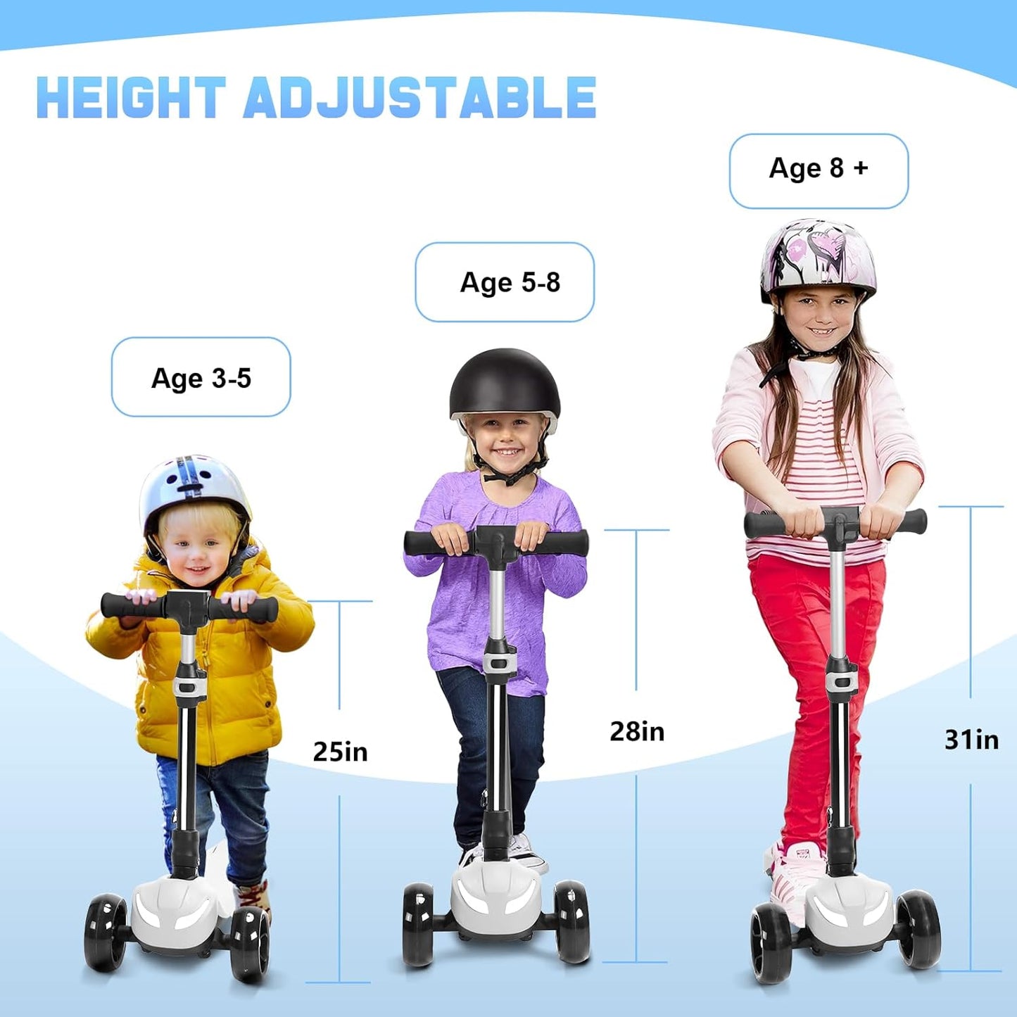 3 Wheel Electric Scooter for Kids, Electric Kick Scooters with Powerful Motor, 21V Battery, Thumb Throttle, 5mph Safe Speed, LCD Screen, Light Up