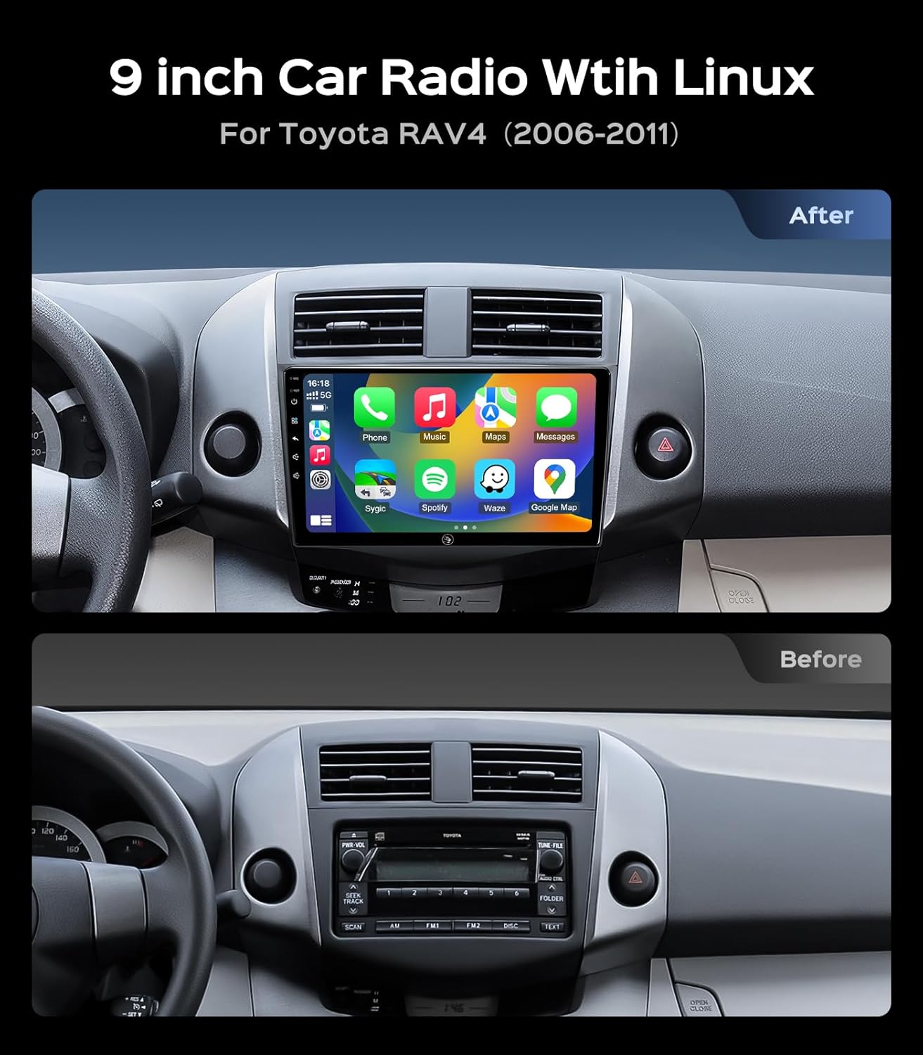 Car Radio Stereo for Toyota RAV4 2006-2011, 9 Inch Touchscreen Wireless CarPlay Android Auto GPS Navigation Head Unit WiFi Bluetooth FM/AM SWC