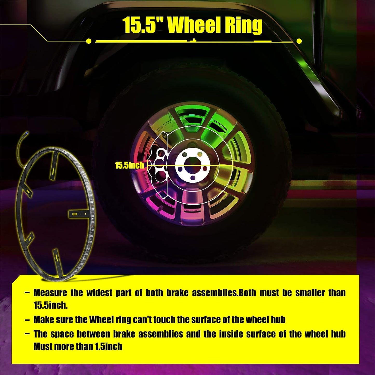 SUNPIE Wheel Lights for Truck, 15.5 inch RGB Wheel Well Lights for All Vehicle with 18 or 19inch Tire, Rim Lights Ring Sync to Music Color Changing