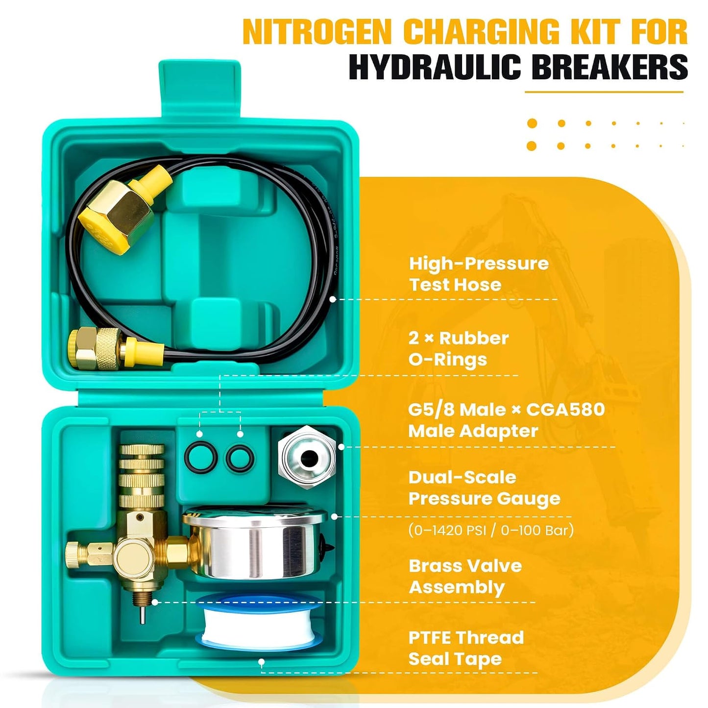 Hydraulic Breaker Nitrogen Charge Kit with Large Gauge, 0–100 Bar / 1420 PSI Hydraulic Hammer Nitrogen Fill Kit with Hose, G5/8 to CGA580 Adapter for Excavators, Post Drivers & Heavy Equipment Breaker Kit