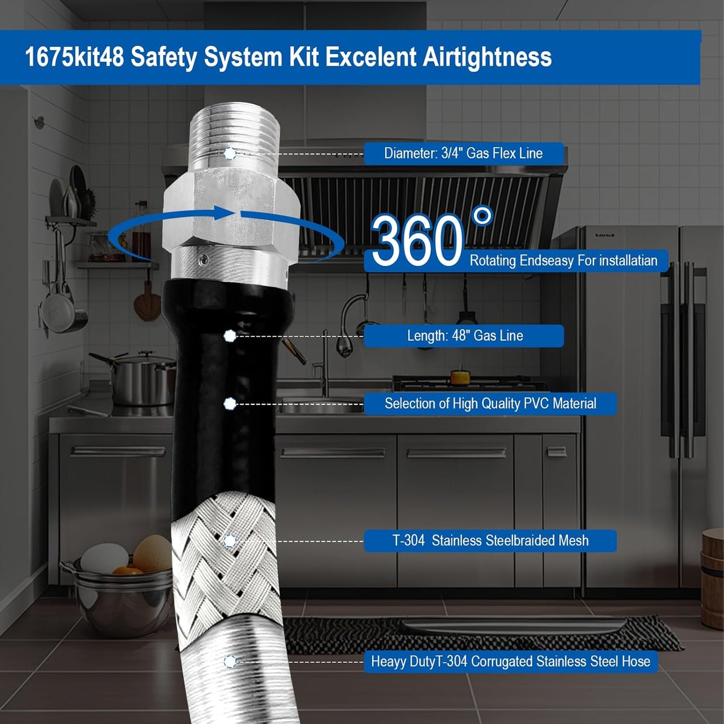 1675KIT48 Safety System Kit, 48" Mobile Gas Hose Connector with 2 Elbows, 3/4" Quick Disconnect, 3/4" Gas Flex Line & Gas Valve, Quick Connect & Disconnect for Commercial Kitchen Equipment.