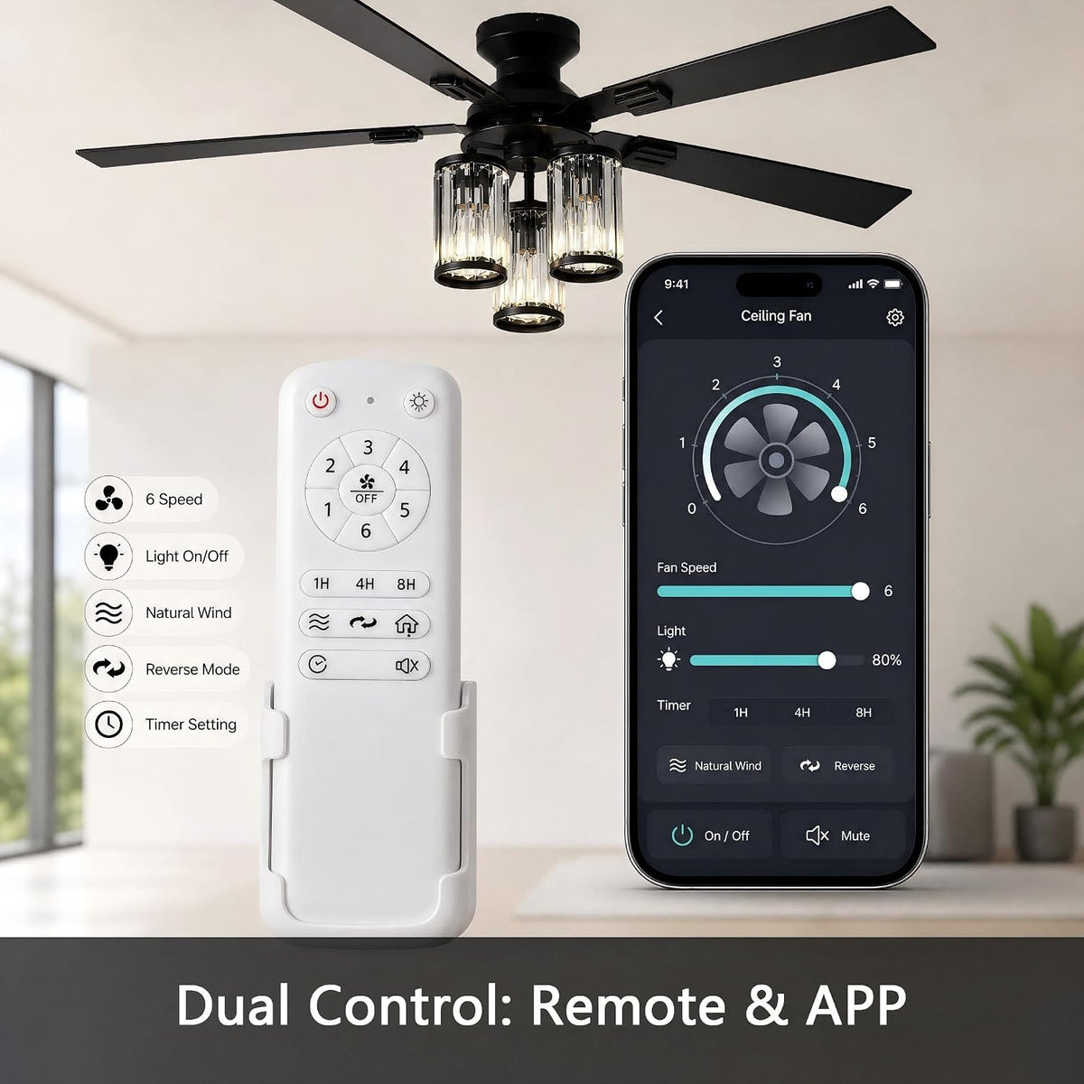 52 Inch Ceiling Fan with Lights, Low Profile Flush Mount Black 5‑Blade with Quiet DC Motor, 3 Crystal Glass E26 Shades, Remote & App Control for Bedroom and Living Room (Bulbs Not Included)