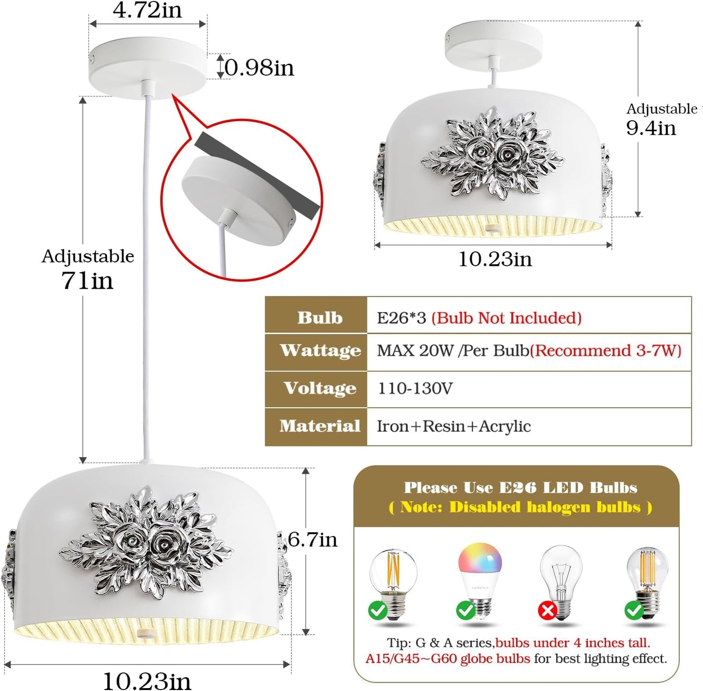 3-Light Silver Flower Pendant light,Modern Elegant Floral Kitchen Island chandelier small vintage Fixture 10.2-in Art Deco rose White drum-shaped Adjustable Hanging For Dining Room Hallway Entryway.
