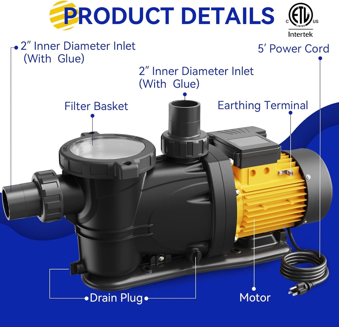 Acquaer 2 HP Pool Pump, 7860 GPH Above Ground Inground Swimming Pool Pump, 220V High Flow Single Speed Self Priming Pool Pump with Strainer Basket