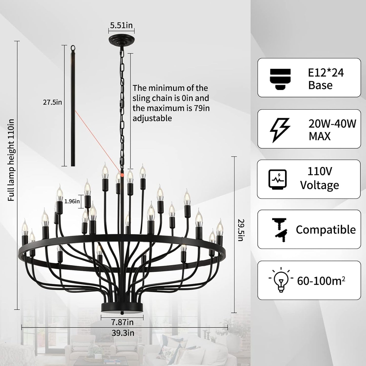 Black Chandelier 24 Light, Modern Farmhouse Chandelier for Dining Room, Round Industrial Candle Chandeliers Light, Wagon Wheel Chandelier 39in 3-Tier