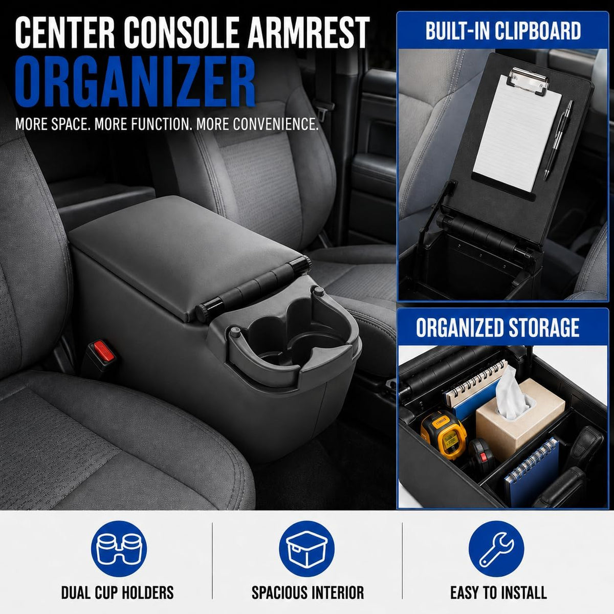 Universal Truck Console Bench Seat Center Console Organizer with Adjustable Dual Cup Holders, Clipboard Storage and Padded Armrest Lid for Work Trucks, Vans, SUVs, Dark Gray