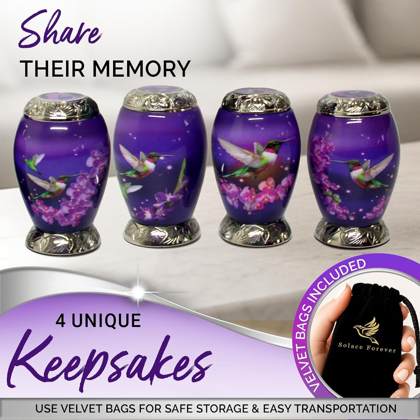 Small Urns for Human Ashes Adult Female Set of 6 - Hummingbird Urns for Ashes for Women - Purple Mini Urns for Sharing Ashes - Honor Loved Ones with Love and Grace