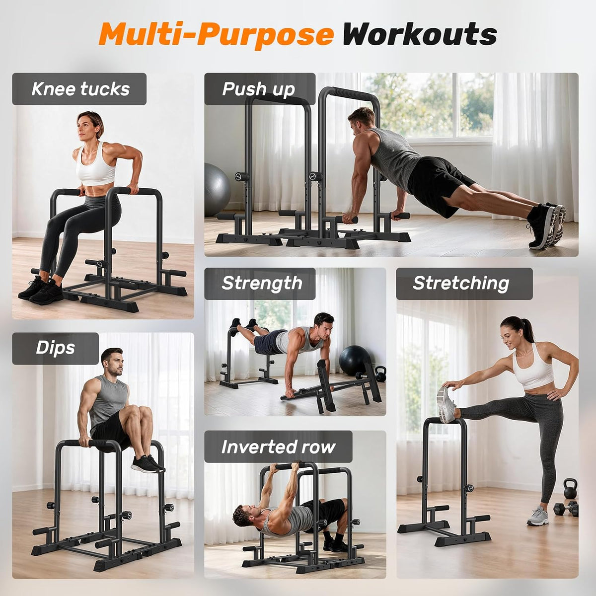 Heavy-Duty Dip Bar for Home Gym, Push Up Parallel Bars, Tool‑Free, 600LBS
