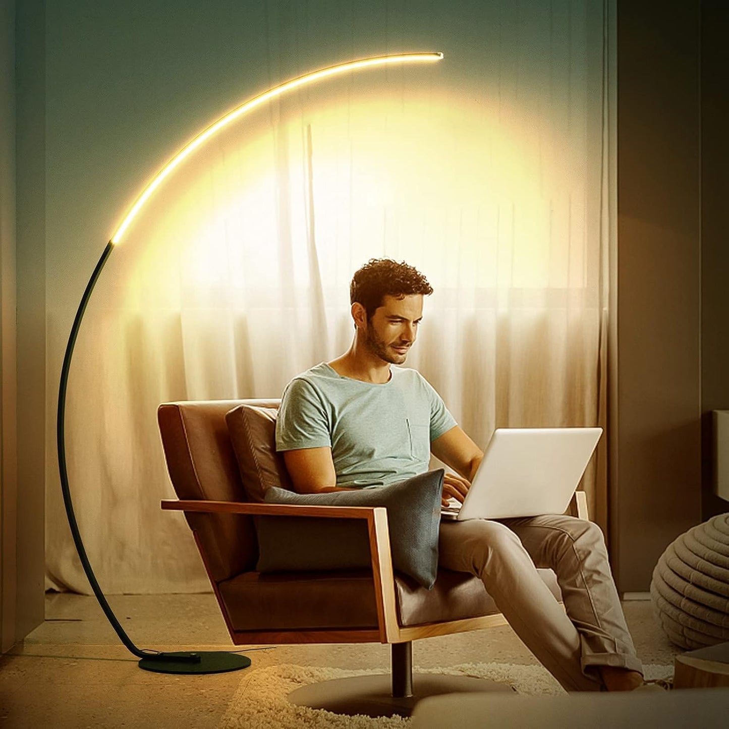 Arc Floor Lamp with Remote Control - Modern Standing Bright LED Floor Lamp for Living Room Bedroom Office - Adjustable Color Temperatures and Steple