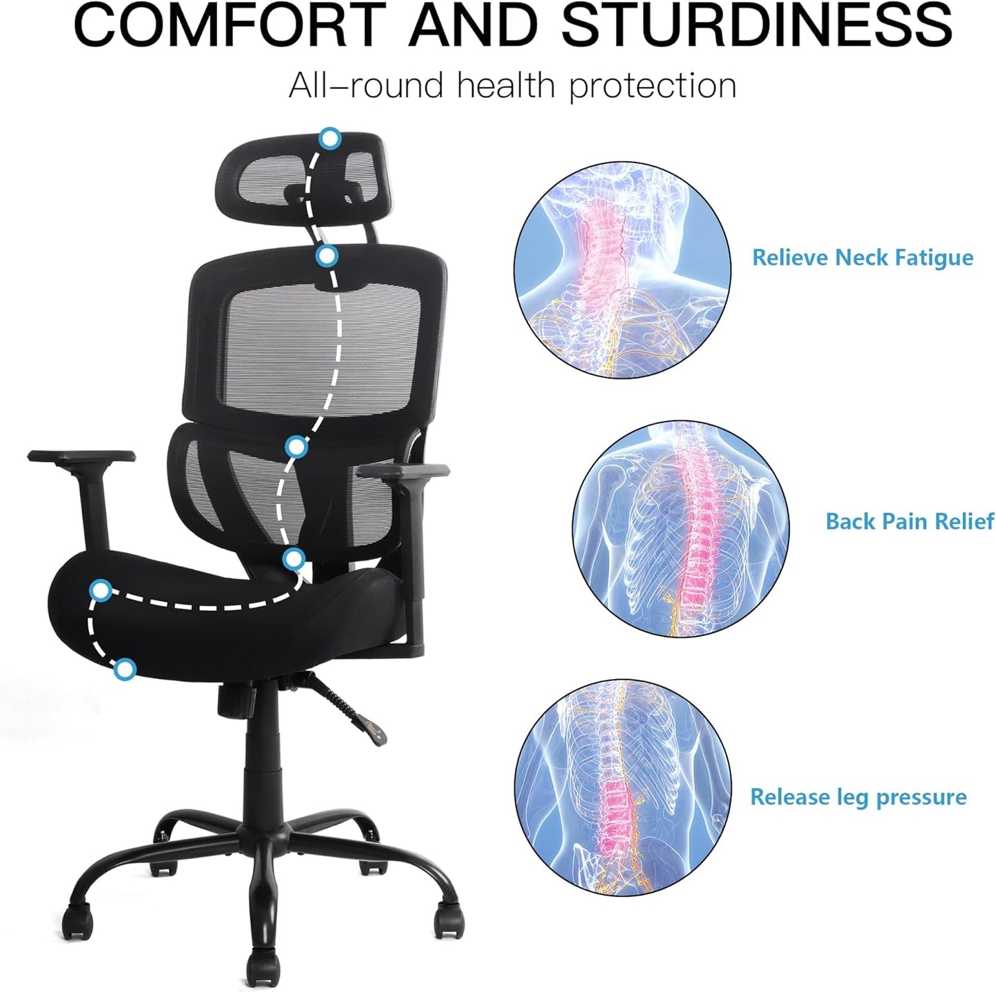 Ergonomic Office Desk Chair, High Back Mesh Chair with 3D Lumbar Support, Comfortable Computer Task Chair with Adjustable Armrest & Headrest, Wide