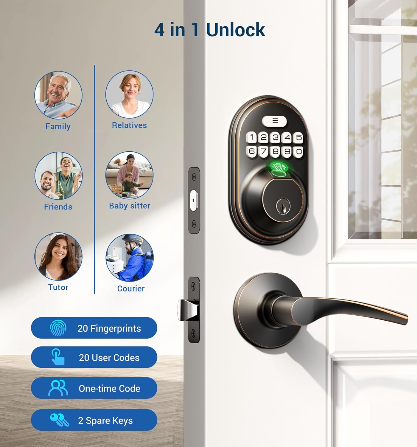 Veise Fingerprint Door Lock with 2 Lever Handles - Keyless Entry Door Lock, Keypad Door Lock with Handle, Electronic Deadbolt F