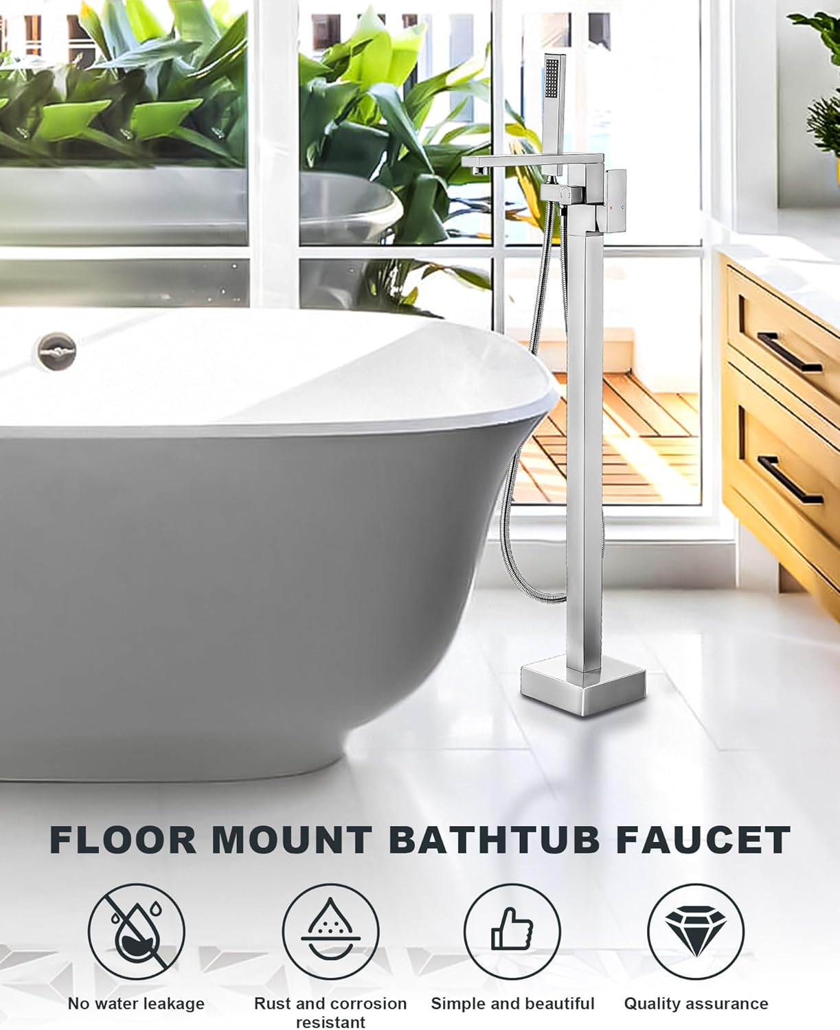 Freestanding Bathtub Faucet, Floor Mount Tub Filler, High Flow Brass Bathroom Faucet Single Handle with Hand Shower, Brushed Nickel (Brushed Nickel)