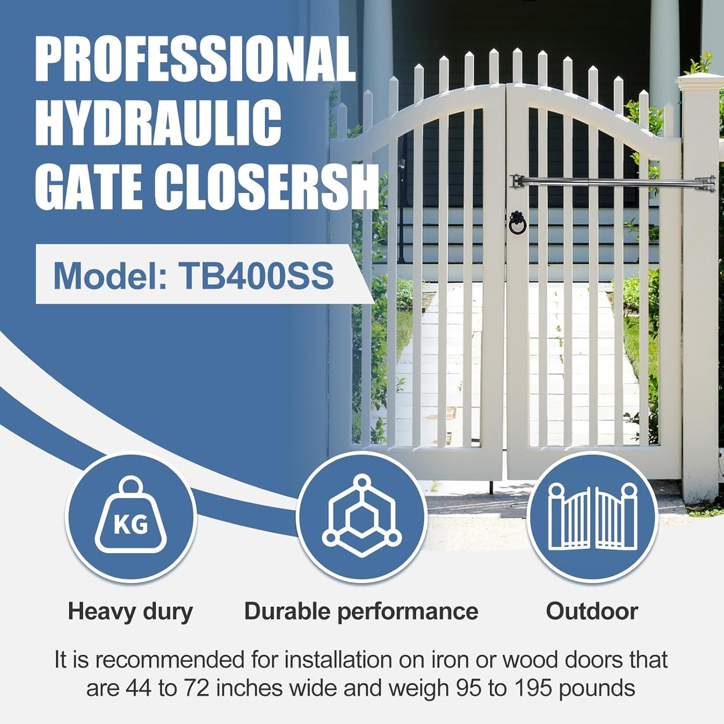 TB400SS Stainless Steel Hydraulic Gate Closer, Rust-Resistant & Weatherproof Automatic Gate Closer with Adjustable Closing Speed, for 95–195 Lbs Vinyl, Steel, Wood and Chain Link Fence Gates