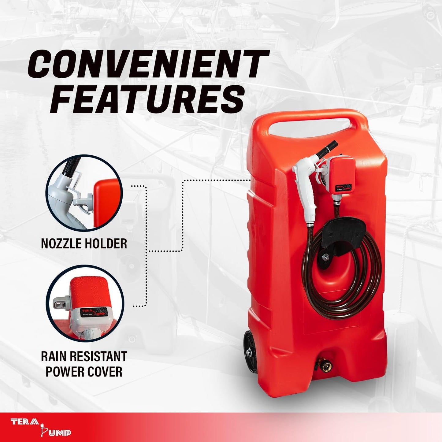 TERA PUMP TRFA03-GC Automatic Fuel Transfer Pump for 14-Gallon Gas Caddies, Auto-Stop Sensor for Overfill Protection, Up to 2.6 GPM, 3 Power Options, 9.8 ft Vinyl Hose (Gas Caddy NOT Included)