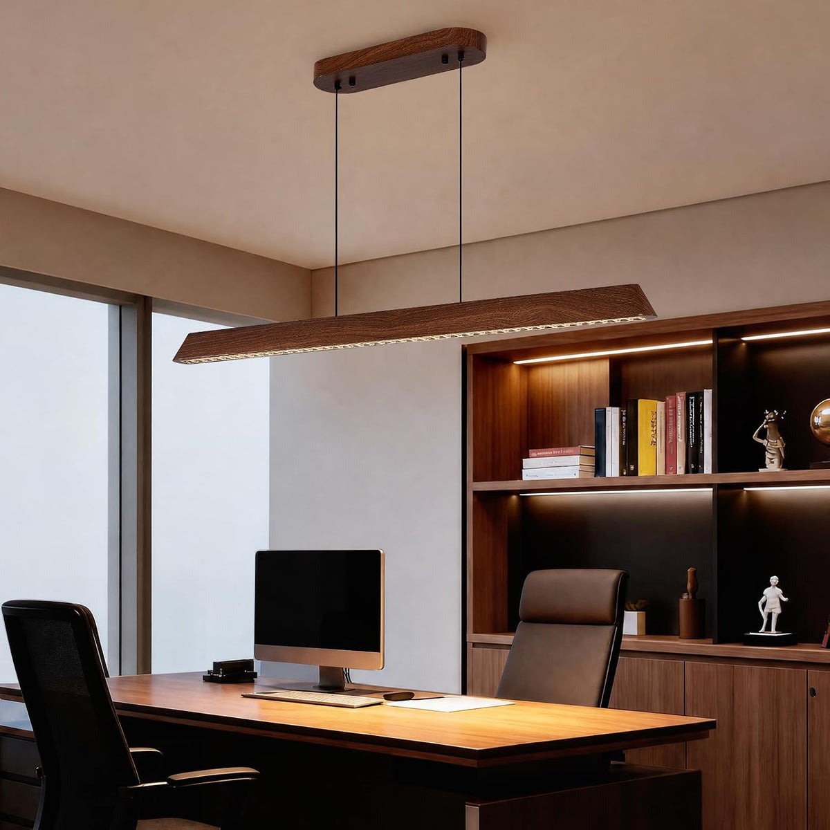 Dining Table Linear Island Light: Remote Control Iron Kitchen Chandeliers Iron with Walnut Wood-Look Finish