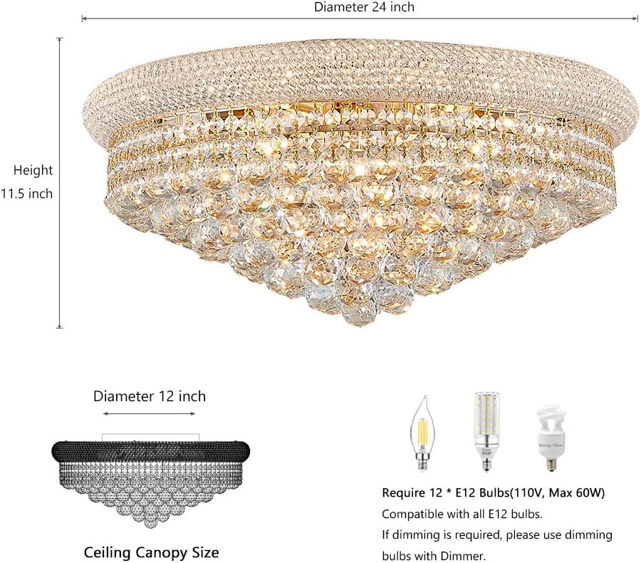 TMAFON Modern Gold Ceiling Crystal Chandeliers - Diameter 24 inch Semi Fulsh Mounted Chandelier Light Fixtures for Living Dining Room, Bedroom