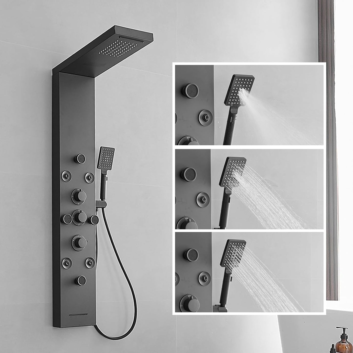 5 IN 1 Rainfall Waterfall Shower Panel with Handheld Shower Matte Black Stainless Steel Shower Tower Panel System Massage Body Jets with Tub Spout