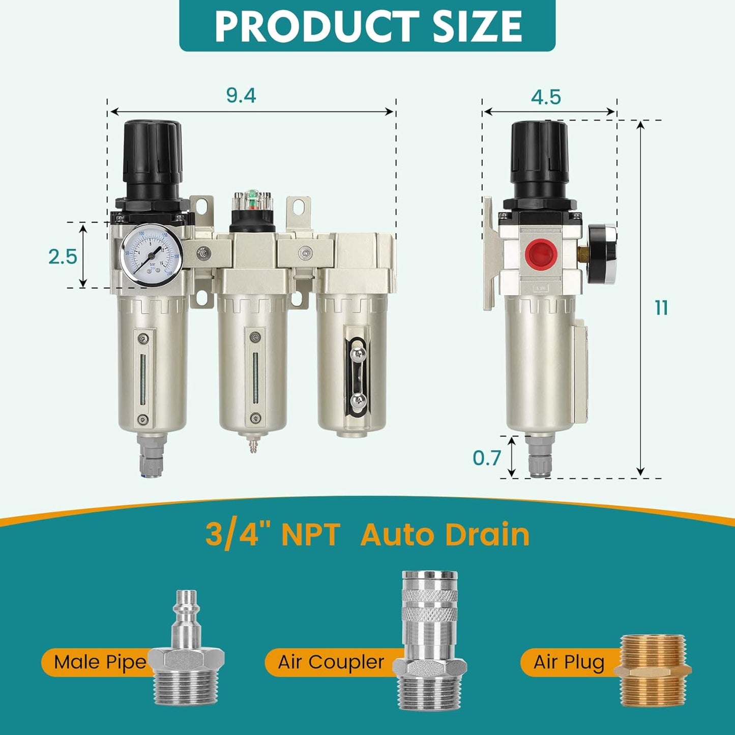 3/4' NPT Industrial Grade 3 Stage Air Drying System, Particulate Filter, Auto Drain, Coalescing Filter, Desiccant Dryer & Air Regulator, Metal Bowl