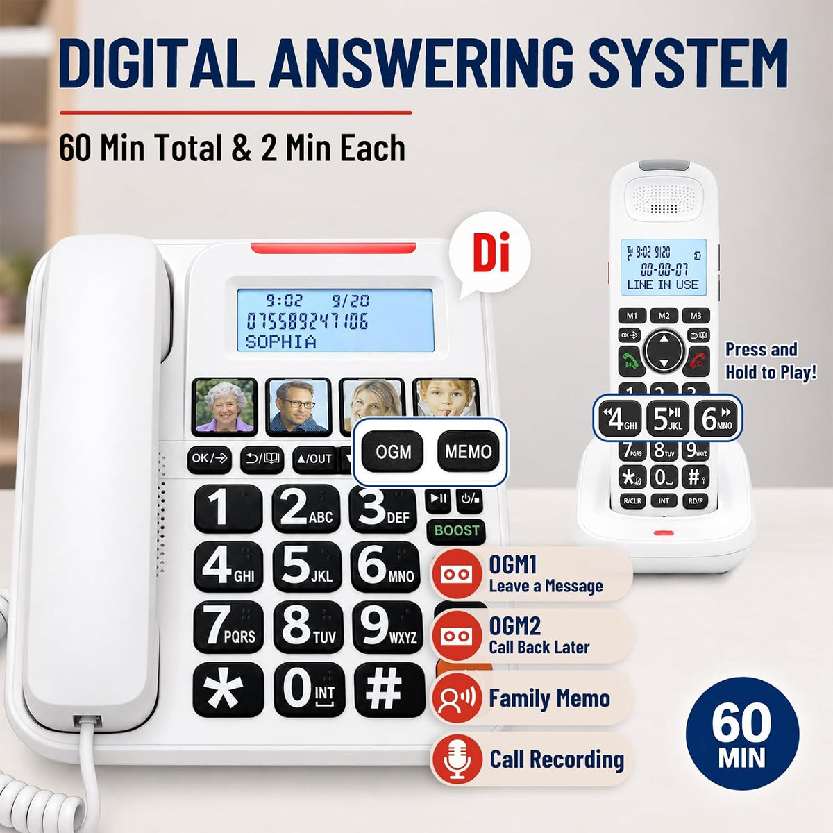 Uvital Corded/Cordless Phone with Answering Machine, Phones for Seniors