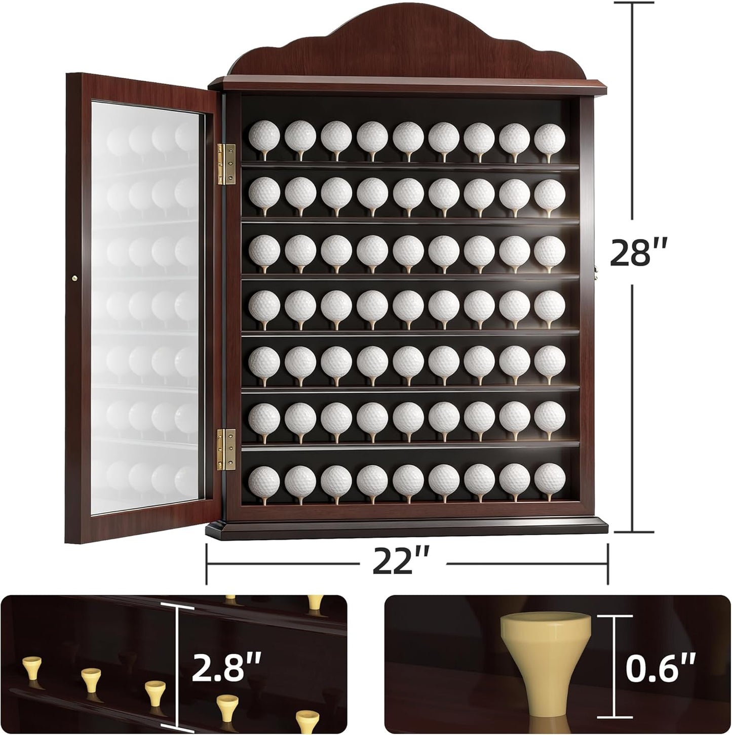 MR 63 Golf Ball Display Case, Executive Golf Ball Cabinet, Wall Mount Golf Ball Shadow Box with Wood Tees, Wall Rack Holder Solid Wood Frame with 98% UV Protection Lockable Acrylic Glass Door
