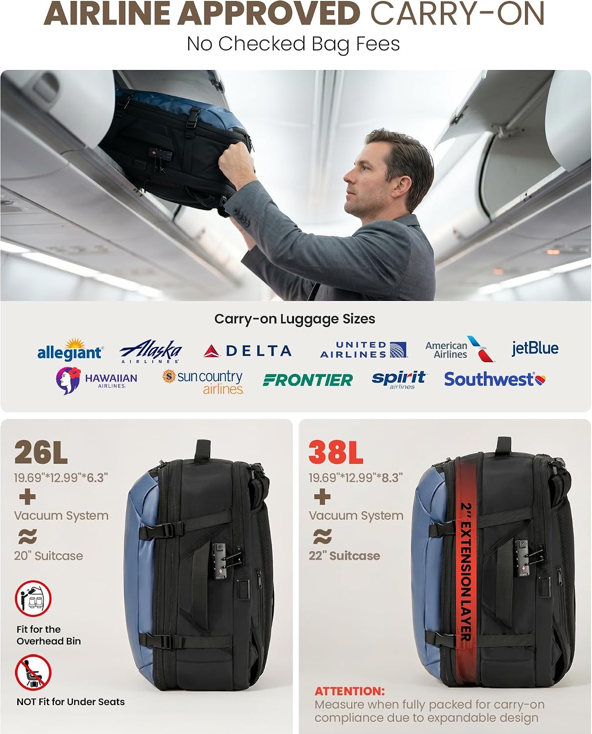 Fanwoli Travel Backpack with Vacuum System and Electric Air Pump, Vacuum Sealed Backpack for Traveling, Expandable Carry-on Travel Bag Ergonomic Lightweight Backpack with 17" Laptop Compartment Blue