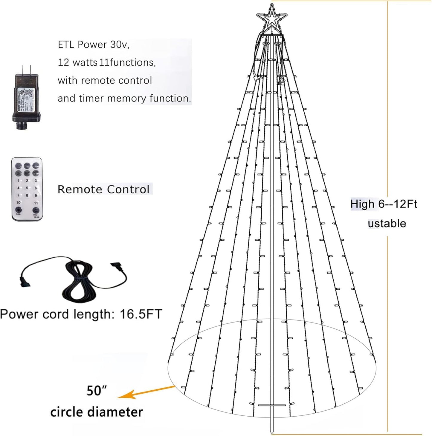 Fairyrain 12Ft Outdoor Lighting Christmas Tree Lights Cone Tall Star Topped Artificial Christmas Trees Arbol de Navidad Outside Decor for Xmas New