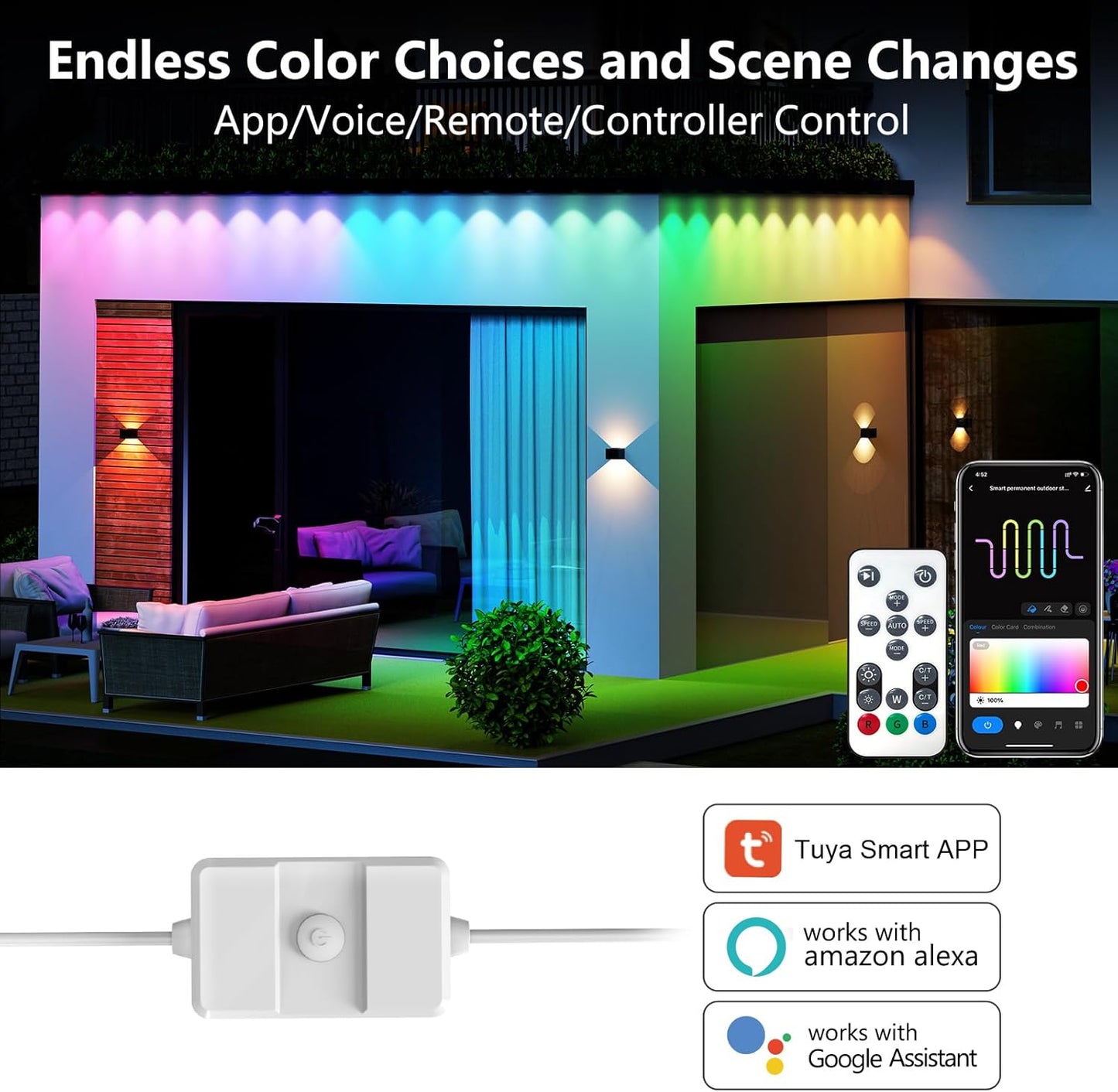 DeerTalk Permanent Outdoor Lights for House LED Trim Lights Bluetooth WiFi Smart ICRGB Permanent String Light Year Round Holiday Eaves Lighting Everlights Work with Alexa Google, 72LED 100FT