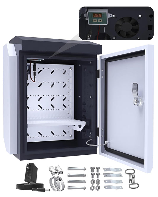 Outdoor Electrical Box with Thermostat and Fan, Precise Temperature Control 0.1F, IP65 Water Resistant Rating, Galvaniz